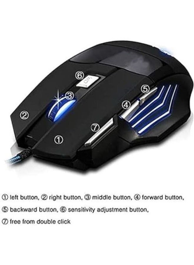 جراند ماوس ألعاب بإضاءة ملونة، مزود بـ 7 أزرار وسلك نايلون مضفر، مظهر أنيق، ماوس ألعاب فعال بدقة 2400 نقطة في البوصة لأجهزة الكمبيوتر المحمولة والمكتبية - أسود - Image 2